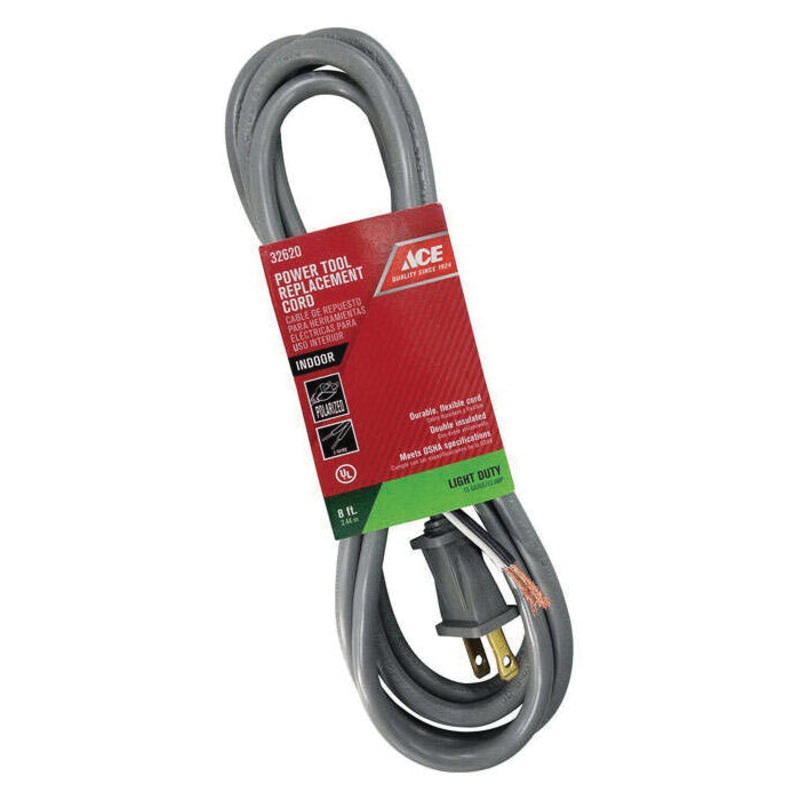 ACE 1PS-004-008FGY Appliance Cord, 125 VAC, 16/2 AWG Conductor, 8 ft L, Gray
