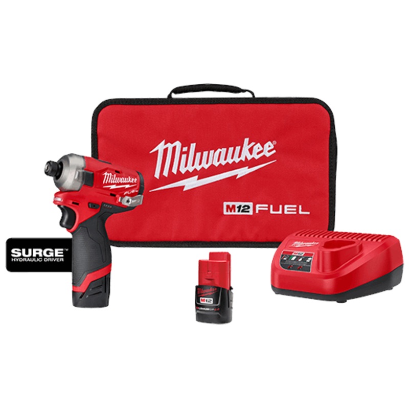 MILWAUKEE M12 FUEL SURGE 1/4" Hex Hydraulic Driver Kit + FREE MILWAUKEE M12 REDLITHIUM XC3.0 Battery (2 PACK)