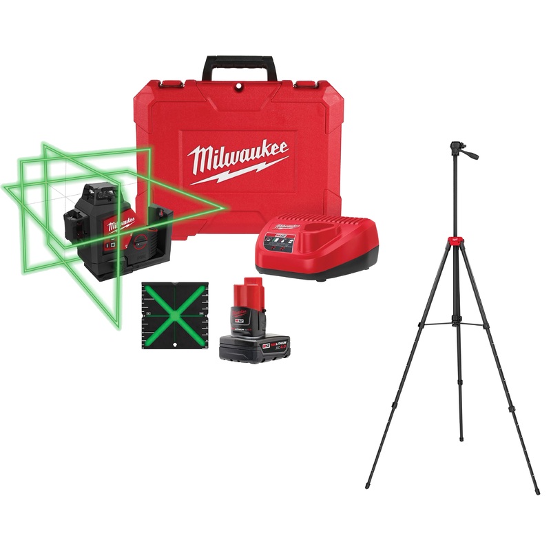 MILWAUKEE M12 Green 360 3-Plane Laser Kit (3632-21) + FREE MILWAUKEE Tripod (48-35-1411)