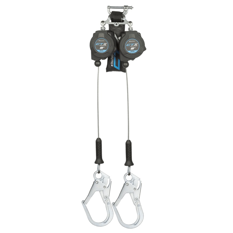 FALLTECH 8' CTX Cable Class 2 Leading Edge Personal SRL-P, Twin-Leg w/ Steel Rebar Hooks