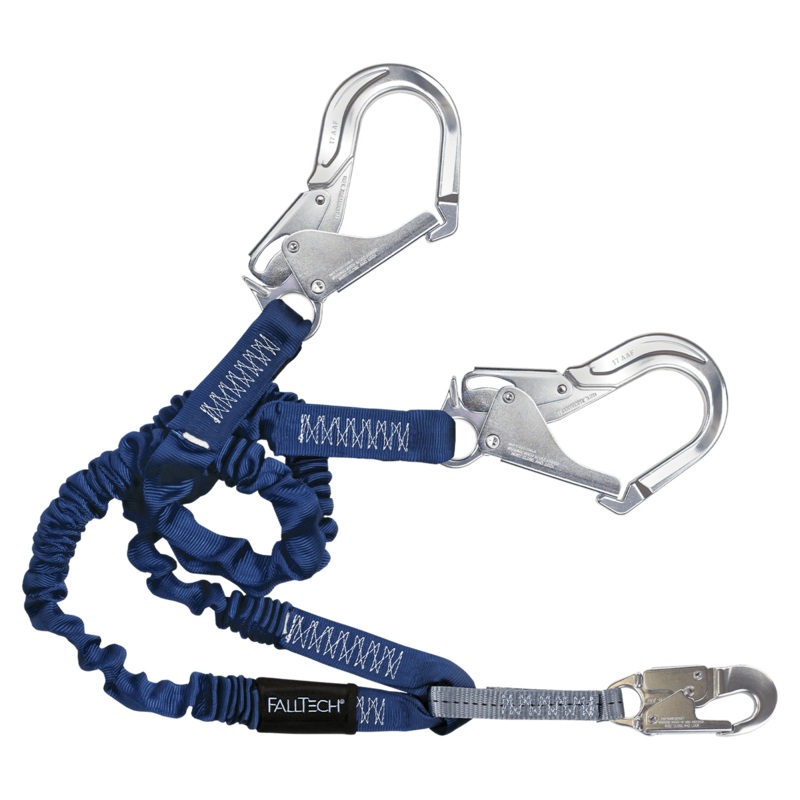 FALLTECH 4-1/2' - 6' ELASTECH Energy Absorbing Lanyard, Double-Leg w/ Aluminum Rebar Hooks