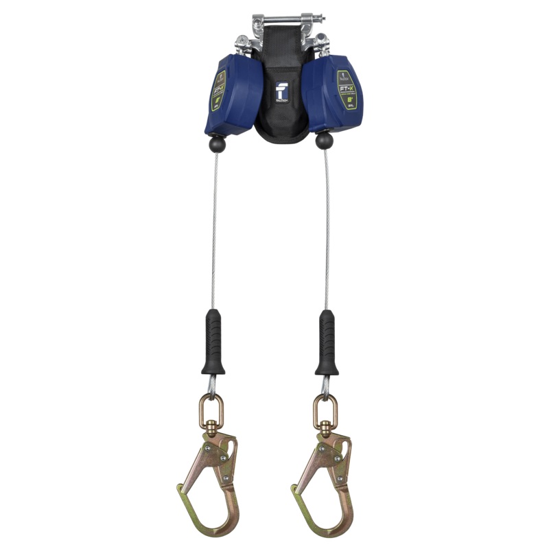 FALLTECH 8' FT-X Cable Class 2 Leading Edge Personal SRL-P, Twin-Leg w/ Steel Swivel Mini Rebar Hook