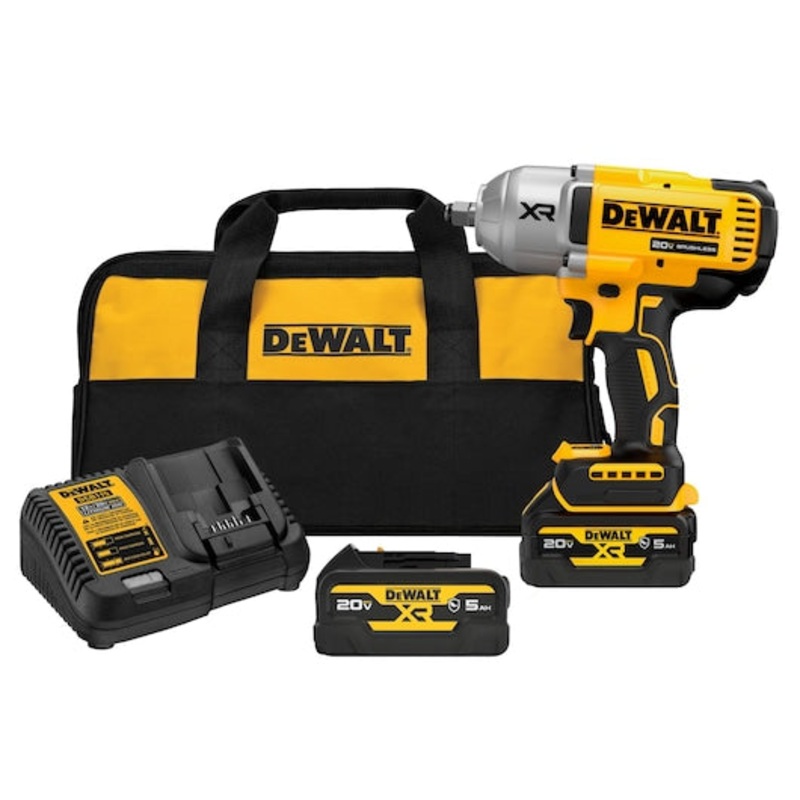 DEWALT 20V MAX* XR 1/2 In. High Torque Impact Wrench with Hog Ring Anvil with (2) Oil-Resistant 5.0 Ah Batteries and Charger Kit