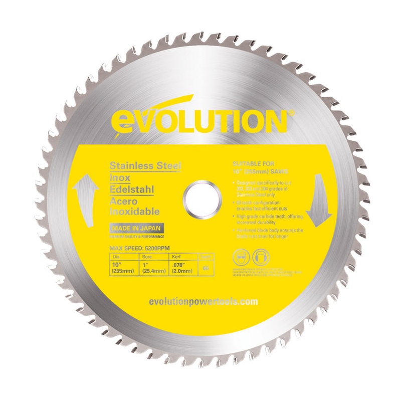 EVOLUTION 10" 66T, 1" Arbor, Tungsten Carbide Tipped Stainless Steel Cutting Blade