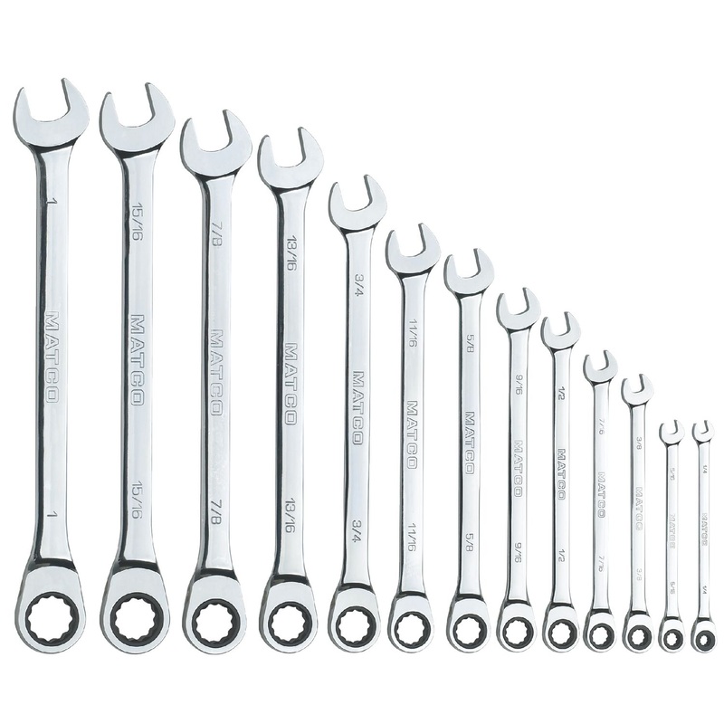 13 PIECE 72 TOOTH SAE EXTRA LONG COMBINATION RATCHETING WRENCH SET