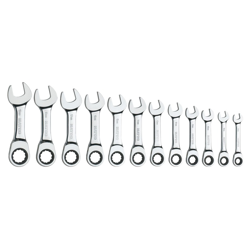 12 PIECE 72 TOOTH METRIC STUBBY COMBINATION RATCHETING WRENCH SET