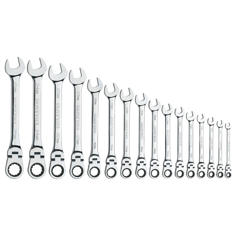 16 PIECE 72 TOOTH METRIC FLEXIBLE COMBINATION RATCHETING WRENCH SET