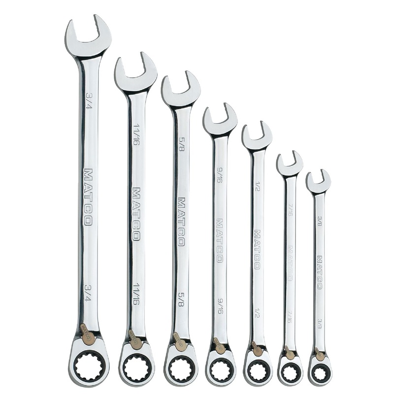 7 PIECE 90 TOOTH EXTRA LONG SAE REVERSIBLE RATCHETING WRENCH SET