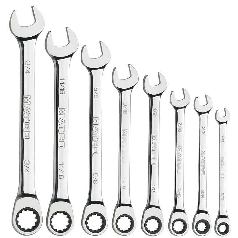 8 PIECE 90 TOOTH SAE COMBINATION RATCHETING WRENCH SET