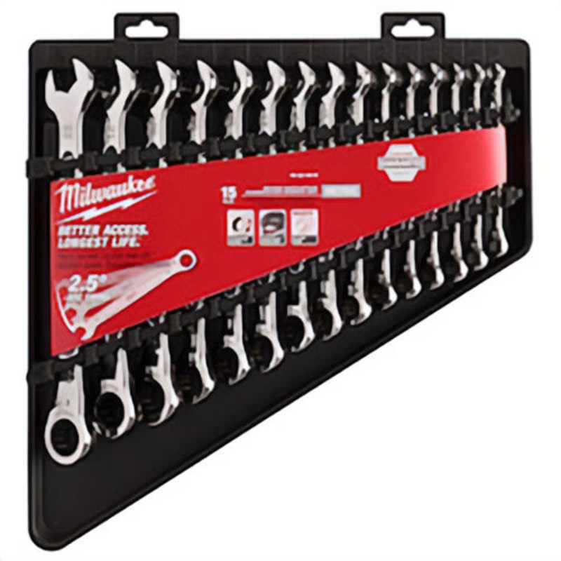 Milwaukee 48-22-9516 MAX BITE Combination Ratcheting Wrench Set, 15 pc, Polished Chrome, 2.5 Arc Swing