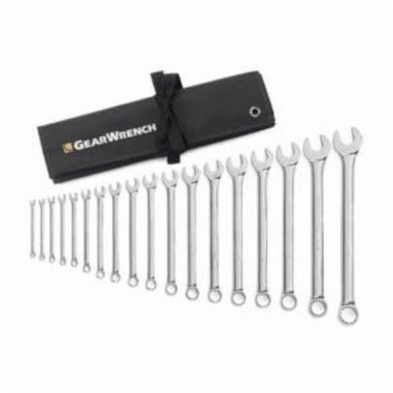 GearWrench 81917 Combination Wrench Set, Long Length Non-Ratcheting, Imperial, 1/4 to 15/16 in Size, 18 pc, 12 Point, 15 Offset