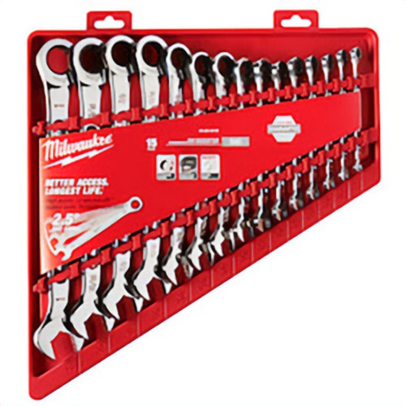 Milwaukee 48-22-9416 MAX BITE Combination Ratcheting Wrench Set, 15 pc, Polished Chrome, 2.5 Arc Swing