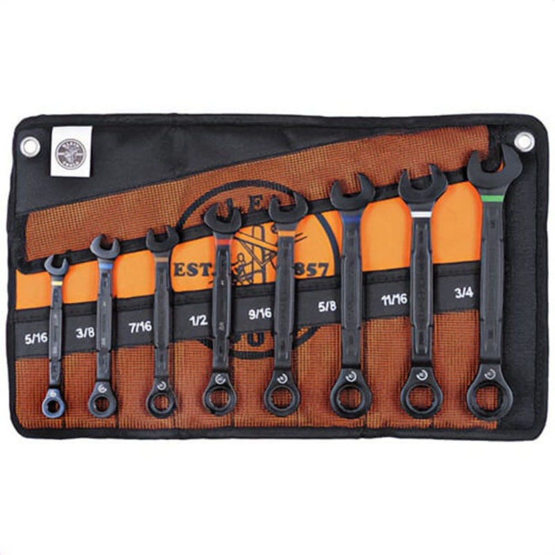 Klein 69408G 90-Tooth Ratcheting Box Wrench Set, SAE, 40CrV, 9 pc
