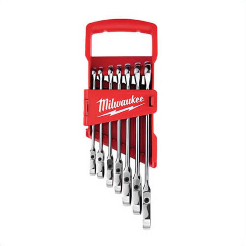 Milwaukee 48-22-9429 Flex Head Ratcheting Non-Lockable Combination Wrench Set, 7 pc, 3/8 to 1 in, Polished Chrome