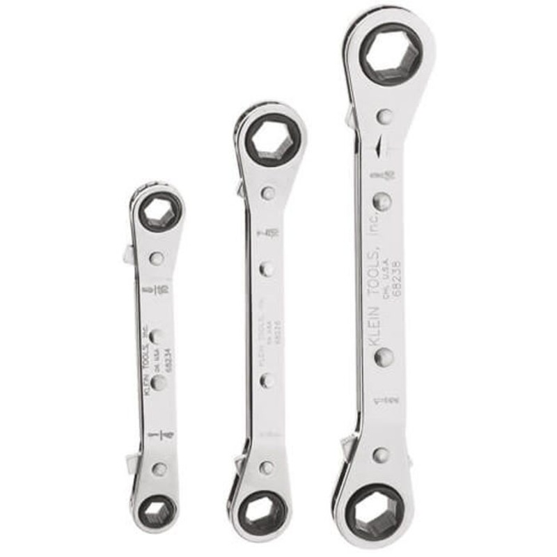 Klein 68244 Offset Ratcheting Reversible Box Wrench Set, 3 pcs, 1/4 x 5/16 in, 3/8 x 7/16 in, 1/2 x 9/16 in, Polished Chrome