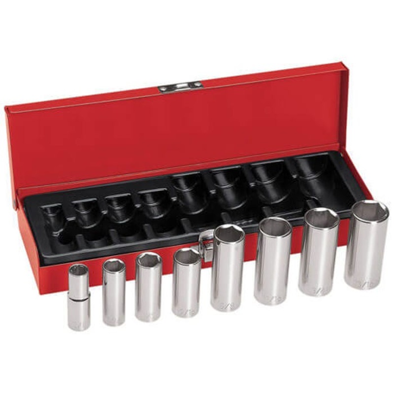 Klein 65502 Deep Socket Wrench Set, Imperial, 8 pc, 6 points, 3/8 in Drive