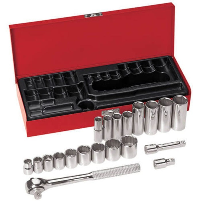 Klein 65508 Socket Wrench Set, Standard, 3/8 in Drive, 6/12 point, 20 pc, Box Tool Storage Included, Polished Chrome