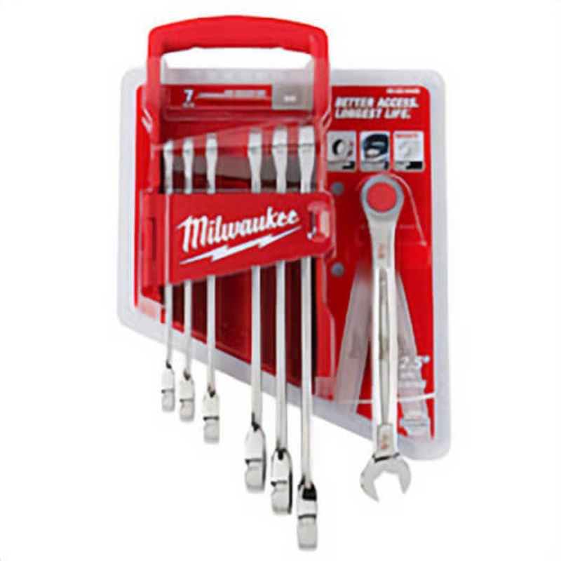 Milwaukee 48-22-9406 MAX BITE Combination Ratcheting Wrench Set, 7 pc, Polished Chrome, 2.5 Arc Swing