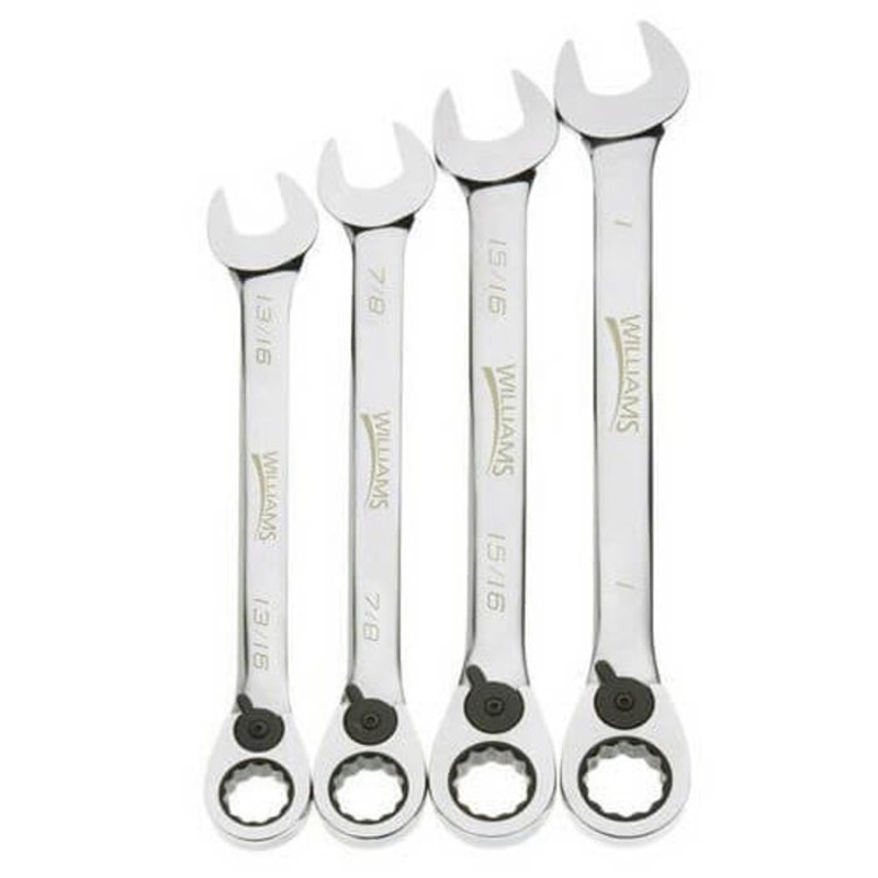 Williams Combination Wrench Set, Ratcheting Reversible, Imperial, 13/16 to 1 in, 4 pc, 12-Point, Polished Chrome