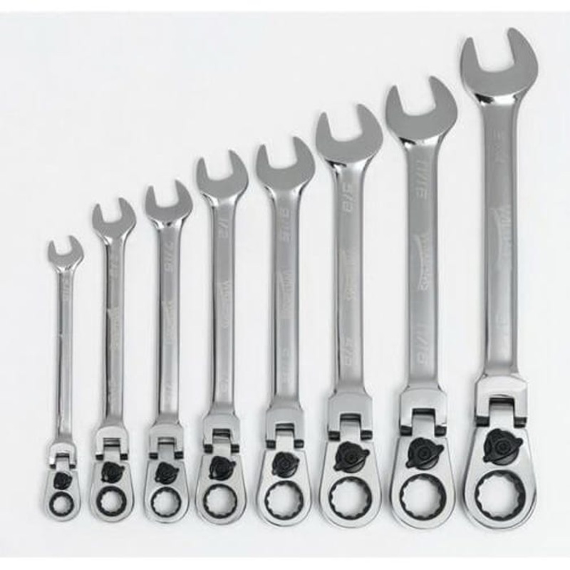 Williams Combination Wrench Set, Ratcheting Reversible, Imperial, 5/16 to 3/4 in, 8 pc, 12-Point, Flexible Head, Polished Chrome