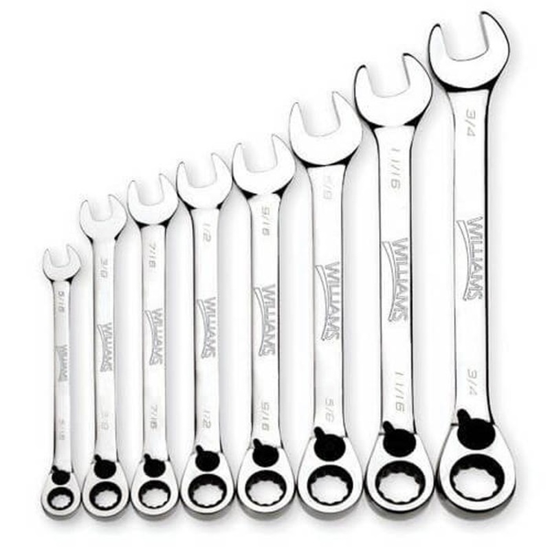 Williams Combination Wrench Set, Ratcheting Reversible, Imperial, 5/16 to 3/4 in, 8 pc, 12-Point, Polished Chrome