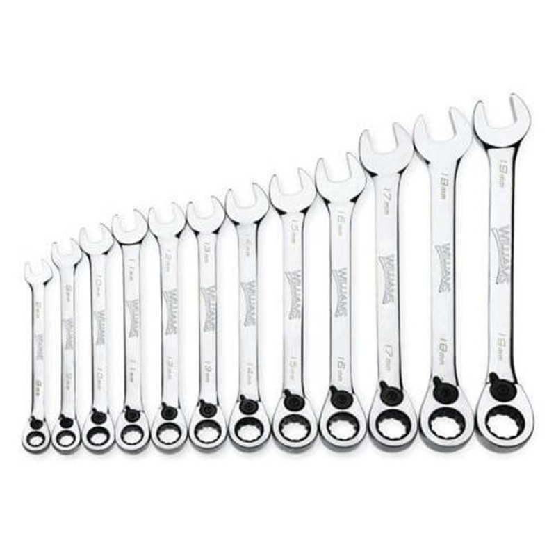 Williams Combination Wrench Set, Ratcheting Reversible, Metric, 8 to 19 mm, 12 pc, 12-Point, Polished Chrome