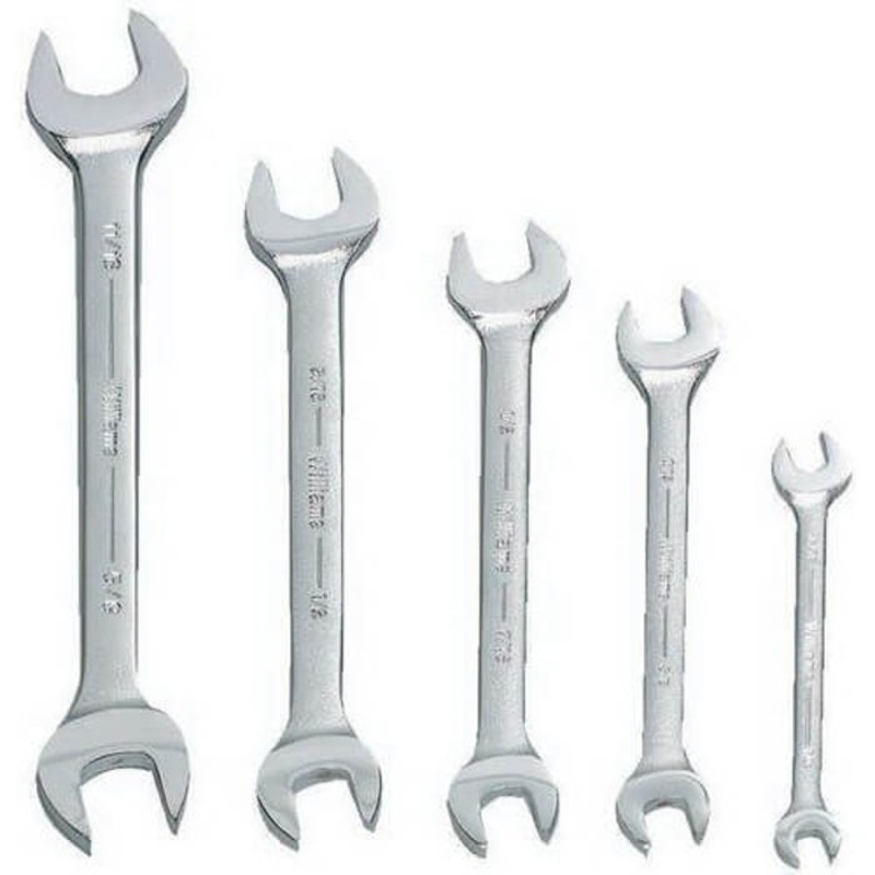 Williams Open End Wrench Set, Double Head, Imperial, 3/8 x 7/16 to 13/16 x 7/8 in Size, 5 pc, Satin Chrome Finish