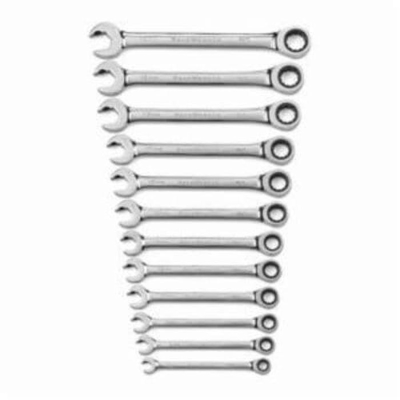 GearWrench 85597 Wrench Set, Ratcheting Regular Length, Metric, 8 to 19 mm, 12 pc, 72 Geared Teeth, Open End Drive, Alloy Steel