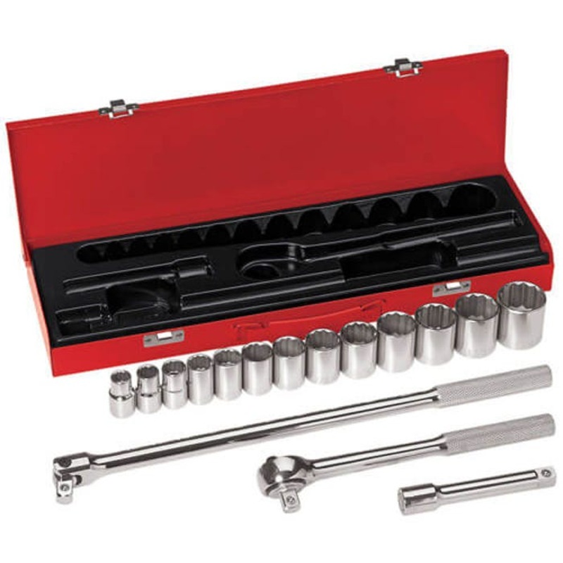 Klein 65512 Imperial Standard Socket Wrench Set, Box Tool Storage, 5 in L Extension, 17 in L Flex Handle, 1/2 in Drive, 12-Point, 16 pcs