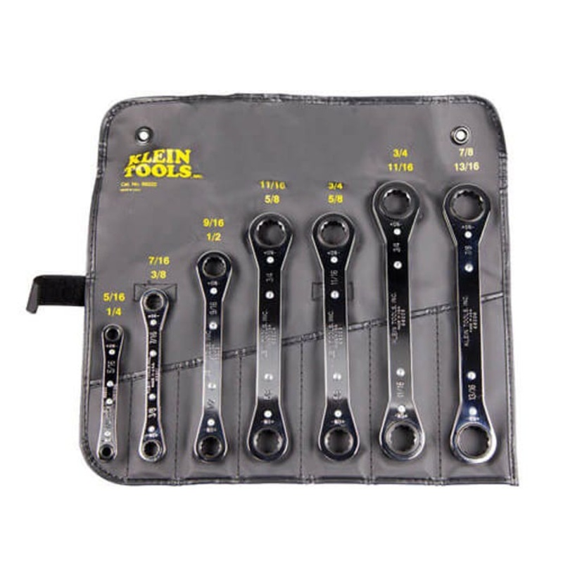 Klein 68222 Box End Wrench Set, Ratcheting, Imperial, 1/4 x 5/16 to 13/16 x 7/8 in, 7 pc, 12 point, Offset, Box End Drive