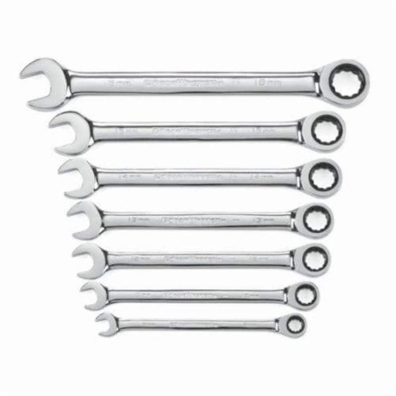GearWrench 9417 Long Length Ratcheting Combination Wrench Set, Metric, 7 pc, 8 to 18 mm, Bright/Full Polished Chrome