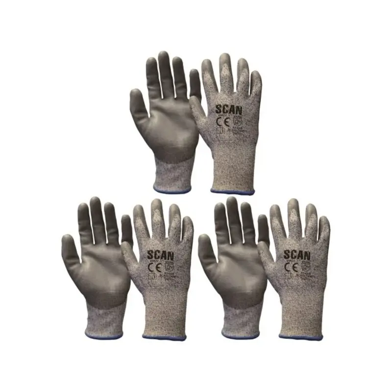 Scan SCAGLOCUT5XX Grey PU Coated Cut 5 Gloves - XXL (Size 11) Pack of 3