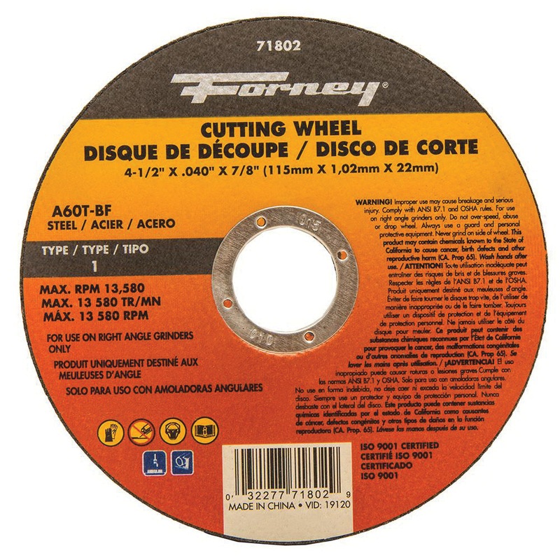 Forney 71802 Cut-Off Wheel, Type 1 Wheel, 4-1/2 in Dia, 0.04 in Thick, 7/8 in Arbor, 60 Grit, Medium Grit